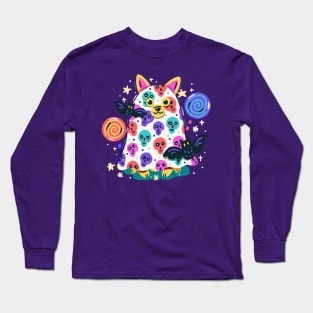 Ghost Cat With Bats and Skull Long Sleeve T-Shirt